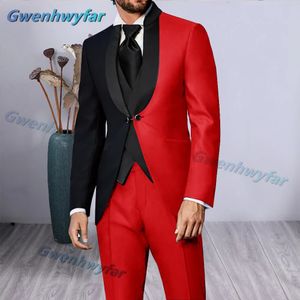 Gwenhwyfar Luxury Mixed Red Black Dinner Party Men Suits Black Stand Lapel 2つの方法ボタン付きブレザーセットウェディンググルームタキシード240326