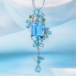 Andra hängsmycken Qjewelry Sky Blue Pink CZ Pendant Necklace Sier Color Stone Chain for Women Wedding Jewelry Drop Delivery Halsband DHFK6