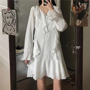 캐주얼 드레스 2024 가을 주름 칼라 드레스 높은 허리 긴 소매 스커트 여자 resido de mujer femme robe