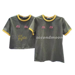 夏のトリミングされたTシャツの女性文字刺繍ティー半袖Tシャツクルーネックティー