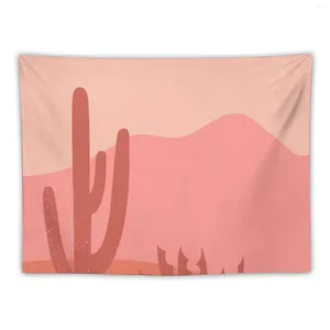 Tapestries Pastel Pink Desert Landscape Cactus Silhouette Mountains Monochrome Colors Tapestry Decoration Aesthetic House