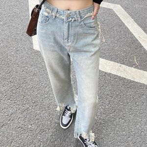 Damen Jeans Jeans Denim-Schritt Cover zerrissener Löcher geschnittene Fell Franse Gerade Design Weitbein Hosen Kleine übergroße S-4xl 5xl