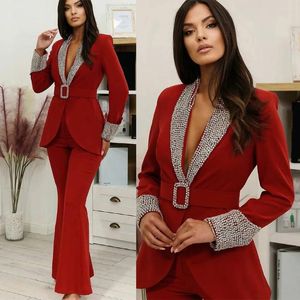 Kvinnors tvådelade byxor Elegant Red Crystal Evening Suit 2 Wedding Mother Bride Dress Formal Commuter Business Set (Jacket Pants)