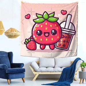 Tapestries Cute Little Kawaii Strawberry With A Bubble Tea Wall Decor Tapestry Easy To Hang Holiday Gift Soft Fabric Multi Style