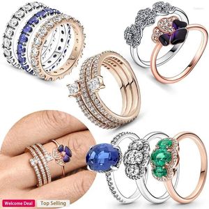 Cluster Rings Original 925 Silver Women's Sparkling Tri Color Viola Single Row Zircon Spiral Logo Stone Ring Fashion DIY Charm Jewelry