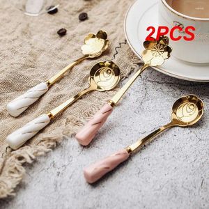 Spoons 2PCS Stainless Steel Tea Spoon Tableware Ceramic Handle Flower European Style Mixing Ice Cream Coffee Dessert