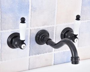 Rubinetti del lavandino da bagno olio nero strofinato a doppia manici in ottone diffuso a 3 fori a parete morsa per bacino tappeto mixer tocco msf495