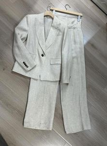 Calças de duas peças femininas primavera 2024 terno de jaqueta de linho de alta qualidade conjunta