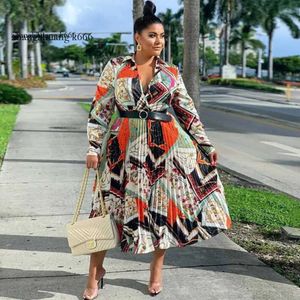 Fashion Designer 2024 Women's Plus-Size Dresses Long Skirt Print Pleated Color Deep V Sexy Dress With Belt Large