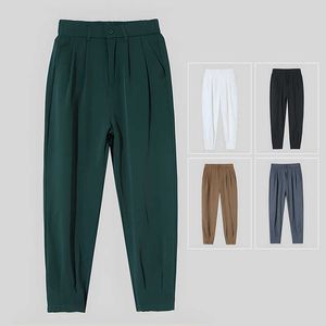 Calça de seda gelo para homens verão fino e largo pernas largas cortadas na moderna marca com zíper Leggings small terno casual