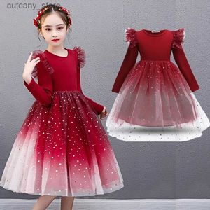 Girl's Dresses Long Seve Dress for Girls 3-10 Years Autumn Winter Casual Girl Clothes Sequin Red Chrias New Year Kids Party Dresses L240402