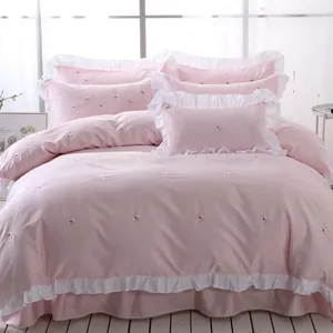 Bedding Sets 2024 Pink Embroidery 4pcs Egyptian Cotton Bedclothes Duvet Cover Bed Sheet Pillowcases Set For Girls
