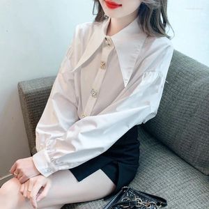 Women's Blouses Fashion Spring Autumn White Pointed Neck Office Ladies Shirt For Women Diamonds Buttons Puff Long Sleeve All-Match