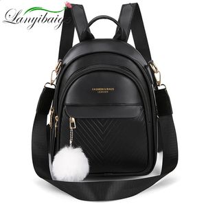 Threelayer Zipper Womens Backens Backpack Hair Ball Bendant Girl Student School Fags Solid Color Disual Travel Ladies 240329