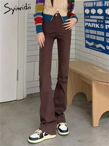Dżinsowe dżinsy syiwidii ​​Flare for Women Fall Winter 2024 Brązowy wysoki pasek proste, lekkie lekkie spodnie mody koreańskie