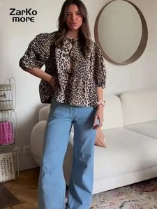 Lace Up Leopard Print Sweet Womens Blue Bubble Sleeve Hollow Loose Fluffy Top 2024 Spring Summer Fashion Casual Shirt 240327