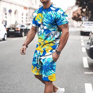 Herrspårar Summer Men 2 Piece Set Casual mode Kort ärmar 3D-tryck T-shirt Shorts Pants Suits Mense Clothing Outfit