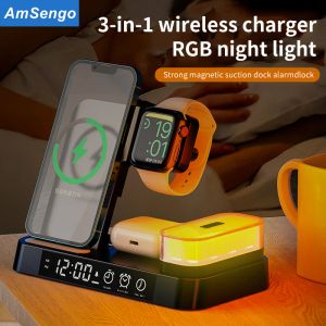 Chargers Fast Wireless Chargers for iPhone 13 12 Smsung S22 4 in 1 Charging Stand for Airpods Galaxy Buds for Apple Watch 7/6 alarm clock
