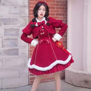 Casual Dresses Coalfell Lolita Christmas Clothing War Robe Red Fur Coat Autumn and Winter Tjock Mångsidig kjol