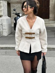 Damenjacken sexy solide Lederschnalle Wollmantel Frauen Mode tiefe v -Nacken Langarm Kurzjacke 2024 weibliche elegante warme Mantelmantel