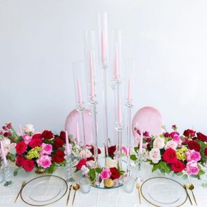 akrylowe tworzywa sztuczne lub szklana krystalicznie clearban Candelabra na stół ślubny przy świeca Holder 8 Arm Candle Stand for Party Event Decoration