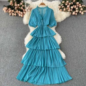 Ruffle Red/Blue/Brown Cascading Chiffon Long Dress Women Elegant VネックハイウエストショートスリーブバケーションビーチVestidos 2024