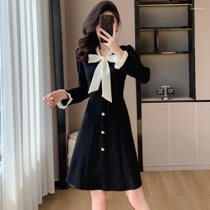 Casual Dresses Korean One Piece Dress Women Vintage Preppy Bow Lace-Up Neck Long Sleeve Ol Black Mini Elegant Slim Party Vestidos J089