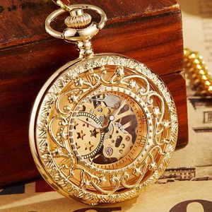 Pocket Watches Luxury Steampunk Gold Bronze Mechanical Pocket With FOB Chain Hand Wind Skeleton Hollow Clock For Men Women Gift Box L240402