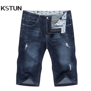 Krótkie dżinsy męskie marka rozerwana motocyklowy dżinsy men krótkie spodnie dżinsowe elastyczne ciemnoniebieskie streewear strzępione Slim Fit Pantalon Homme Jean 240327