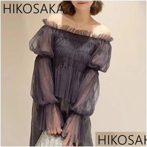 Женские блузкие рубашки Япония в стиле Сладкая плиссированная сетчатая сетчатая рукав y slash neck blous