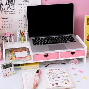 CPUS Blue Pink Monitor Laptop Stand Monitor Support Computer Stand PVC Wood Monitor Riser Desktop Shelf 3 Drawers Screen Riser Holder