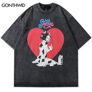 Mens Retro Hip Hop T-Shirts Kalp Kalp Komik İnekler Kız Baskı Tişört Gündelik Yaz Y2K Tees Unisex High Street Harajuku Street Giyim 240328