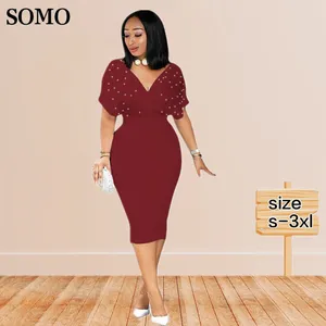 Vestidos de festa verão feminino plus size bastão curta manga bolha contas Sexy Deep V pescoço moda elegante vestido de noite por atacado