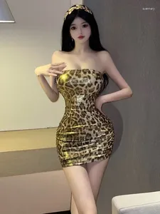 Casual Dresses Spicy Girls Sexy Nightclub Leopard Print Bra Off Shoulder Short Slim Tight Dress Elegant Women Fashion Sweet Tops S080