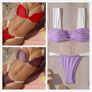 2024 new womens solid color wide shoulder strap sexy wide shoulder strap bikini swimsuit