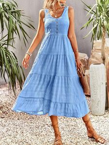 Casual klänningar långa kvinnor sommar ärmlös semesterklänning 2024 Kvinnlig elegant fast färgtank damer vestidos para mujer
