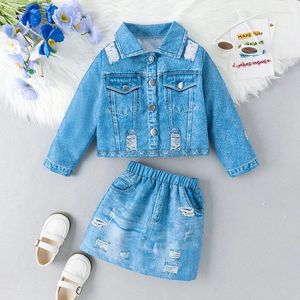 Kläderuppsättningar Citgeeautumn Kids Girls Outfits Långärmad knapp denim Coat Blue Ripped kjol Spring Clothes Set