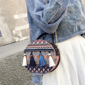 Bag 2024 Ethnic Embroide Design Round Metal Portable Shoulder Tassel Handbag Fashion Chain Crossbody Mini Messenger