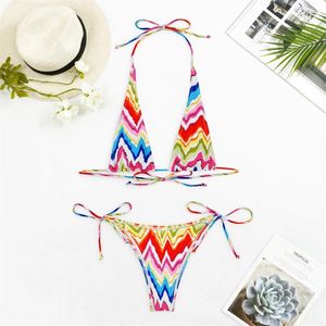 Women's Swimwear Geometric Wave Print Halter Bikini Thong String Backless Multicolor Y2K Two-Piece Swimsuit Women Beachwear Bathing Suit