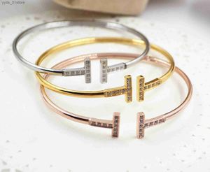 Charm Bracelets Stainless Steel silver cuff microscope zircon double T letter opening 18 k rose gold plated s bangle for women fashion jewelry L46