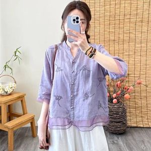 Kvinnors blusar Temperament Thin Cotton Linen V-Neck Summer Embroidery Patchwork Middle Sleeve Loose Single Row Multi Button Shirt Tops
