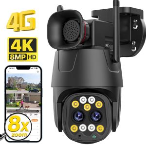 Kameror 4G SIM -kort IP -kamera 4K 8MP Dual Lens 8x Zoom WiFi PTZ Camera Auto Tracking Security Camera 4MP Outdoor CCTV Surveillance