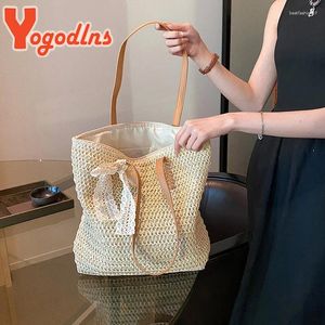 Evening Bags Yogodlns Vintage Women Woven Shoulder Bag Solid Color Lace Ribbon Tote Handbags Wicker Boho Straw For Beach Handle Beige