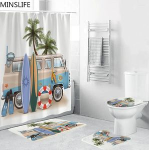Shower Curtains Surfboard Resort Style Waterproof Curtain Bathroom Landscape Coconut Tree Bath Mat Set Pedestal Rug Lid Toilet Cover