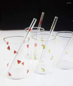 Wine Glasses MINI Crystal Clear Glass With Watermelon Strawberry Omelet Banana Pattern 4 Borosilicate Drinking Straws