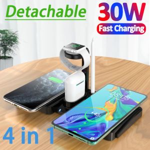 Chargers 30W 4 em 1 qi Wireless Charger Stand para iPhone 13 12 Samsung 21 Estação de dock de carregamento rápido para AirPods Pro Apple Watch Iwatch