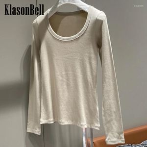 Camisetas femininas 3,3 Klassonbell 2024 Spring Low Collar Ritbed Top para mulheres clássicas de decote em U Slim simples de manga longa versátil