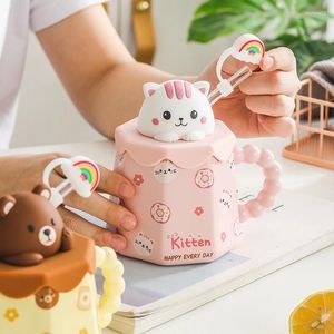 Kubki 400 ml kreskówek ceramiczny kubek z pokrywką i łyżką kreatywne urocze kawa mleczna herbata filiżanka śniadaniowa