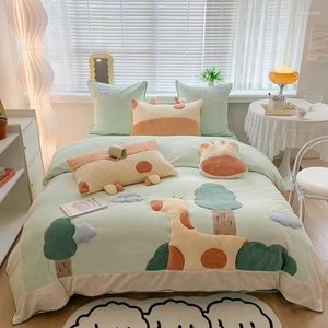 Bedding Sets Winter 4pcs Flat Sheet Set Soft Cute Cartoon Coral Fleece Comforter Cover Bedspread For Kid's Room Bed Accessories