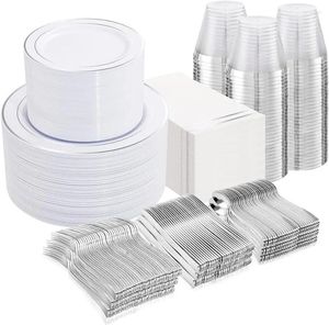Tek kullanımlık yemek takımı 700pcs Gümüş Plastik Plakalar - Trim ile 100 Konuk Beyaz